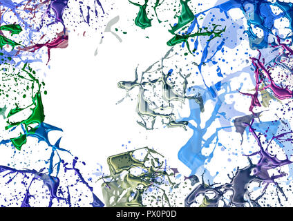 Spritzer von Farben auf weißem Hintergrund. Abstract für Design, bunte Farben und Lacke. Stockfoto