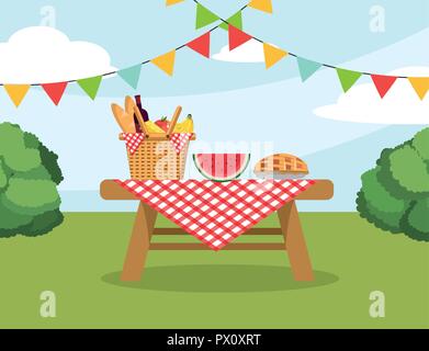 Korb mit Essen im Tisch mit Tischdecke Dekoration Stock Vektor