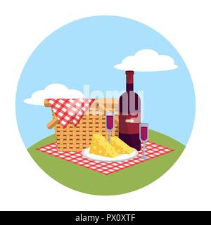 Korb mit Wein und Glas in die Tischdecke Dekoration Stock Vektor