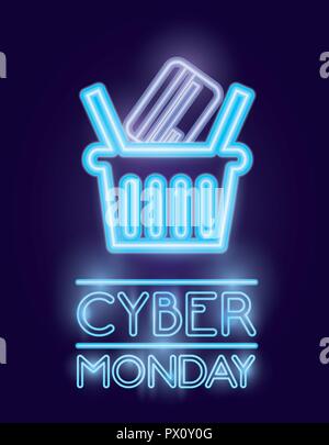 Cyber Monday Warenkorb Kreditkarte Leuchtreklame Vector Illustration Stock Vektor