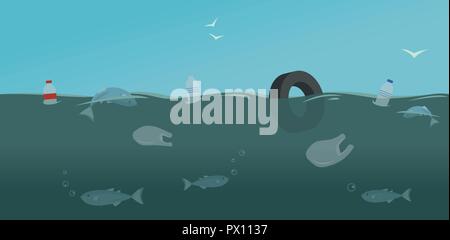 Ozean Verschmutzung mit schwebenden Plastiktüten und Flaschen. Tote Fische und beschmutzt Meerwasser. Stock Vektor