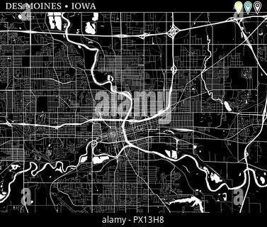 Einfache Karte von Des Moines, Iowa, USA. Schwarz und Weiss für Hintergrund. Diese Karte von Des Moines enthält drei Markierungen, die gruppiert werden können Stock Vektor