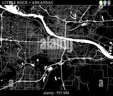 Einfache Karte von Little Rock, Arkansas, USA. Schwarz und Weiss für Hintergrund. Diese Karte von Little Rock enthält drei Markierungen, die gruppiert sind und Stock Vektor