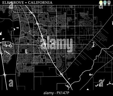 Einfache Karte von Elk Grove, Kalifornien, USA. Schwarz und Weiss für Hintergrund. Diese Karte von Elk Grove enthält drei Markierungen, die gruppiert sind und Ca Stock Vektor