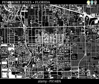 Einfache Karte von Pembroke Pines, Florida, USA. Schwarz und Weiss für Hintergrund. Diese Karte von Pembroke Pines enthält drei Markierungen, die gruppiert sind Stock Vektor