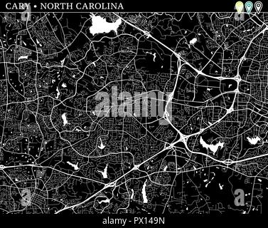 Einfache Karte von Cary, North Carolina, USA. Schwarz und Weiss für Hintergrund. Diese Karte von Cary enthält drei Markierungen, die gruppiert und können m. Stock Vektor