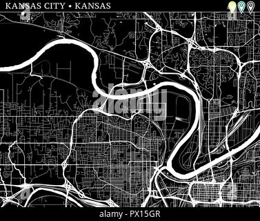 Einfache Karte von Kansas City, Kansas, USA. Schwarz und Weiss für Hintergrund. Diese Karte von Kansas City enthält drei Markierungen, die gruppiert sind und Ca Stock Vektor