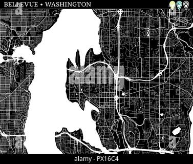 Einfache Karte von Bellevue, Washington, USA. Schwarz und Weiss für Hintergrund. Diese Karte von Bellevue enthält drei Markierungen, die gruppiert und können Stock Vektor