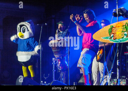 Eine rock'n'roll Sänger in einem Pinguin Kostüm ist ein Band Maskottchen während einer Gemeinschaft Festival Konzert in Costa Mesa, CA. Stockfoto