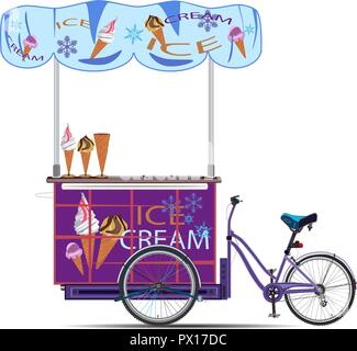 Vector Abbildung: Dreiräder Eis Bike auf weißem Hintergrund. Mobile Eiswagen im flachen Stil. Stock Vektor