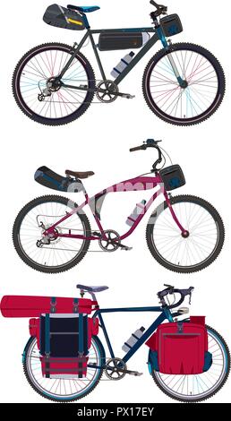 Vektor einrichten von bikepacking Bikes mit Satteltasche, Frame bag Lenkertasche und Zelt. Straße Kies-, Hybrid- und Tourenräder mit bikepacking Gang. Fla Stock Vektor