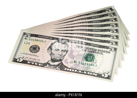 Ein Fan von $ 5 Rechnungen auf weißem Hintergrund Stockfoto