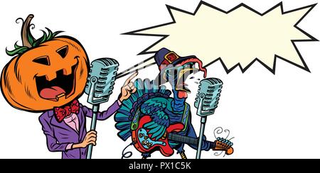 Thanksgiving und Halloween Music Festival. Kürbis und Türkei. auf weißem Hintergrund isolieren. Comic cartoon Pop Art retro Vektor illustration Stock Vektor