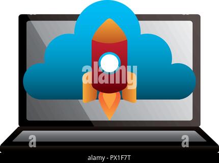 Laptop cloud computing mit Raketen Vector Illustration Stock Vektor