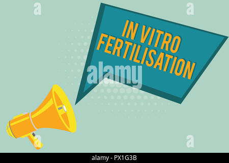 Text zeichen In-vitro-Fertilisation. Konzeptionelle Foto ein Ei ist durch Samenzellen in einem Reagenzglas befruchtet. Stockfoto