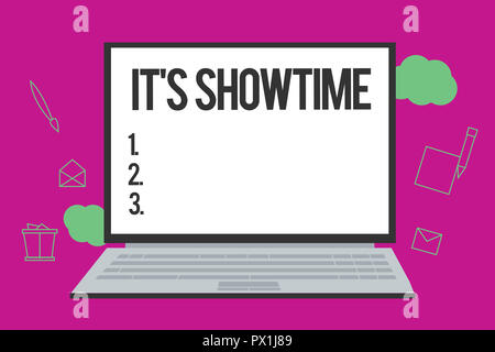 Konzeptionelle Hand schreiben Es zeigt s ist Showtime. Business Foto Text festgelegt, um den tatsächlichen Zeitpunkt, zu dem eine Show oder etwas beginnt. Stockfoto