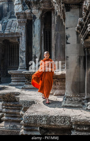 Angkor, Kambodscha - Januar 1, 2014: buddhistischer Mönch im Tempel Angkor Wat Kambodscha am 1. Januar 2014 Stockfoto