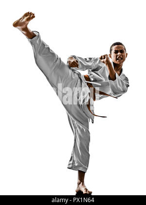 ein Karate Kata Training Jugendliche Kind isoliert auf weißem Hintergrund Stockfoto