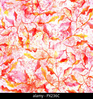 Nahtlose Muster mit abstrakten Rote und gelbe Zweige und Blätter und ein Aquarell Spritzer Textur Stockfoto