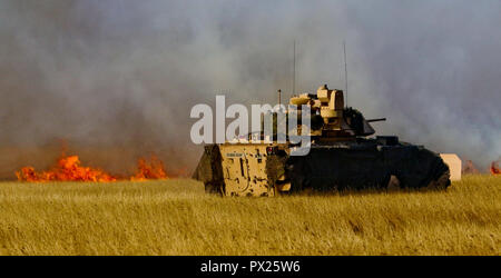 Us-Soldaten an 2nd Battalion, 5th Cavalry Regiment, 1st Armored Brigade Combat Team, 1.Kavallerie Division Manöver eine M2A3 Bradley Fighting Fahrzeug an einem Training in Smardan, Rumänien während der Gerechtigkeit Schwert, ein multi-national Training Event konzipiert, die Interoperabilität zwischen den USA und den NATO-Streitkräften zu errichten, 15. Oktober 2018. Die 2-5 CAV ist nach Europa zur Unterstützung der Atlantischen lösen, eine dauerhafte Ausübung zwischen US- und NATO-Truppen eingesetzt. (U.S. Army National Guard Foto von SPC. Hannah Tarkelly, 382 Öffentliche Angelegenheiten Ablösung/1. ABCT, 1 CD-/Freigegeben) Stockfoto