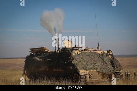Der Hauptsitz und Sitz der Gesellschaft, 2. Battalion, 5th Cavalry Regiment, 1st Armored Brigade Combat Team, 1.Kavallerie Division mortar Platoon Brände ein Mörser, während Gerechtigkeit Schwert, ein multi-national Training Event konzipiert, die Interoperabilität zwischen US- und NATO-Truppen an einem Training in Smarden, Rumänien, 15. Oktober 2018 zu bauen. Die 2-5 CAV ist nach Europa zur Unterstützung der Atlantischen lösen, eine dauerhafte Ausübung zwischen US- und NATO-Truppen eingesetzt. (U.S. Army National Guard Foto von SPC. Hannah Tarkelly, 382 Öffentliche Angelegenheiten Ablösung/1. ABCT, 1 CD-/Freigegeben) Stockfoto