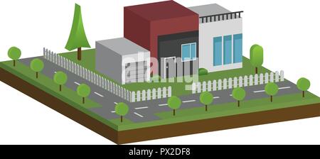 3D moderne Häuser und Umgebung mit Baum, Zaun und Straßen, Isometrische moderner Gebäude und Architektur zusammen mit den Straßen und Baum, Flach home Ve Stock Vektor