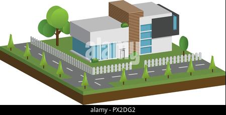 3D moderne Häuser und Umgebung mit Baum, Zaun und Straßen, Isometrische moderner Gebäude und Architektur zusammen mit den Straßen und Baum, Flach home Ve Stock Vektor