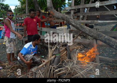 Feuer aus dem Fell eines frisch geschlachteten Schwein, Honiara, Solomon Inseln zu brennen. Stockfoto