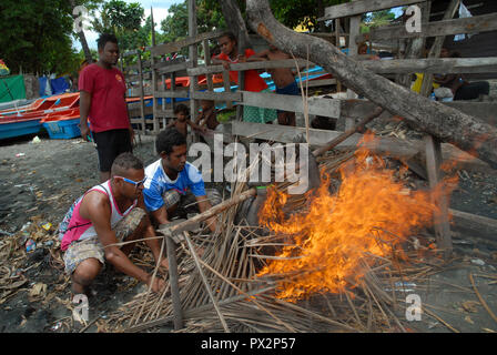 Feuer aus dem Fell eines frisch geschlachteten Schwein, Honiara, Solomon Inseln zu brennen. Stockfoto