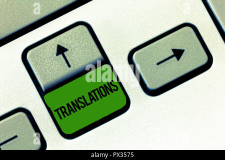 Schreiben Hinweis Übersicht Übersetzungen. Business foto Präsentation Prozess der Übersetzung von Texten aus einer Sprache in eine andere. Stockfoto