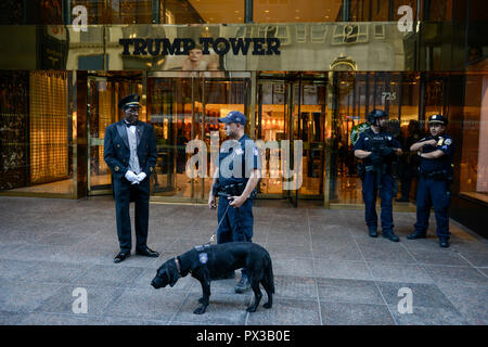 USA, New York City, Trump Tower mit weißer Polizeiwache und schwarzem Portier in der 5. Avenue Stockfoto
