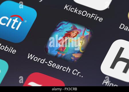 London, Großbritannien, 19. Oktober 2018: Symbol der mobile App Word-Search Kreuzworträtsel-s von AppForge Inc. auf einem iPhone. Stockfoto