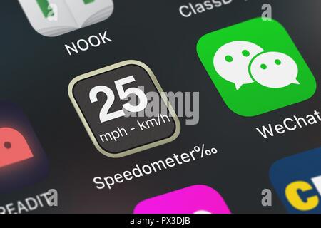 London, Großbritannien, 19. Oktober 2018: Nahaufnahme von Tim O's Studios, LLC beliebte App Tachometer ‰. Stockfoto