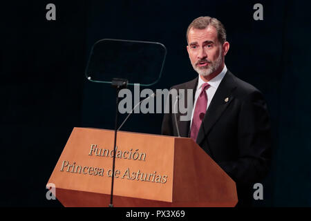 Oviedo, Spanien. Okt, 2018 19. König Felipe an der Prinzessin von Asturien Award für die Künste 2018 Die 'Princesa de Asturias Awards 2018 (Prinzessin von Asturien Awards)" Preisverleihung am 19. Oktober 2018 in Oviedo, Spanien besucht. Credit: Jimmy Olsen/Medien Punch/Alamy leben Nachrichten Stockfoto