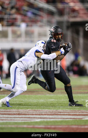 Oktober 19, 2018: UNLV Rebellen festes Ende Noah Bean (46) fängt den Fußball während der NCAA Football Spiel mit der Luftwaffe Falken und die UNLV Rebellen bei Sam Boyd Stadium in Las Vegas, NV. Die UNLV Rebellen führen die Air Force Falcons an Halbzeit vom 21. bis 20. Christopher Trim/CSM. Stockfoto