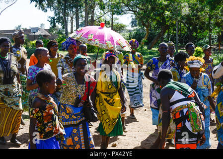 Tansania Mara, Tarime, Dorf Masanga, Region der Kuria Stamm, die Praxis von FGM weibliche Genitalverstümmelung, Prozession vom Schneiden während der Saison, das Mädchen mit den gelben Tuch unter Dach circurmcised war, in misso Magazin 5/2015 veröffentlicht. Stockfoto