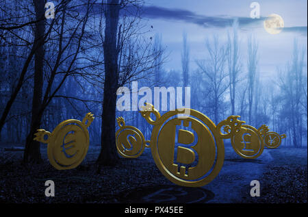Währung Bären auf dem Weg durch den nebligen Wald in der Nacht im Vollmond Licht. Crypto oder Handel Halloween Konzept. 3D-Darstellung Stockfoto