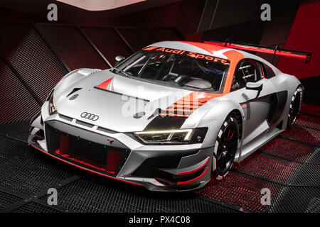 PARIS - Okt 2, 2018: Neue Audi R8 LMS GT3-Rennwagen auf der Paris Motor Show vorgestellt. Stockfoto