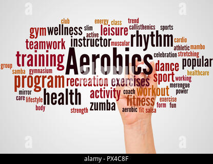 Aerobic word Cloud und Hand mit Marker Konzept auf weißem Hintergrund. Stockfoto