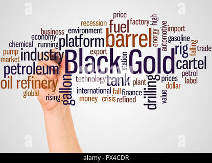 Schwarzes Gold word Cloud und Hand mit Marker Konzept auf weißem Hintergrund. Stockfoto