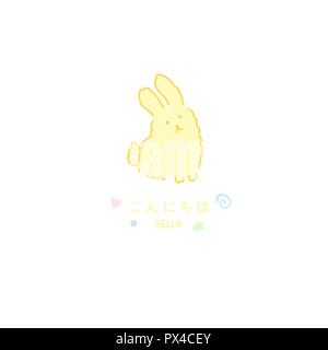 Gelbe bunny Card Design mit Hallo Grüße auf Englisch und Japanisch sprachen Ostern kawaii Kaninchen design Vector isoliert auf weißem Stock Vektor