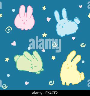 Fluffy bunnies Wallpaper nahtlose Muster niedlichen Kaninchen kawaii gute Nacht Tiere auf Blau Stock Vektor