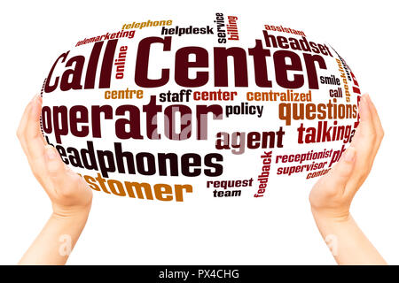 Call Center word Cloud Hand Kugel Konzept auf weißem Hintergrund. Stockfoto