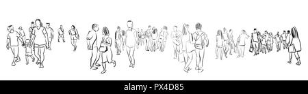 Menge Gruppe von Menschen zu Fuß freehand Tuschezeichnung panorama Blick auf weißem Hintergrund Stockfoto