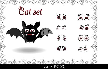 Halloween Vektor für die Erstellung von niedlichen schwarzen Cartoon bat mit Reißzähnen und verschiedene Emotionen isoliert auf weißem Hintergrund eingerahmt mit elega eingestellt Stock Vektor