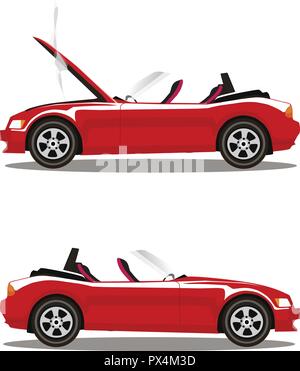 Vektor einrichten der gebrochenen roten Luxus cabrio Sport cartoon Auto mit geöffneter Motorhaube mit Rauch bedeckt. Auto Crash vor und nach. Clip Art Illustration iso Stock Vektor