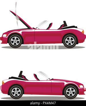 Vektor einrichten von Broken pink Luxus cabrio Sport cartoon Auto mit geöffneter Motorhaube mit Rauch bedeckt. Auto Crash vor und nach. Clip Art Illustration ist Stock Vektor