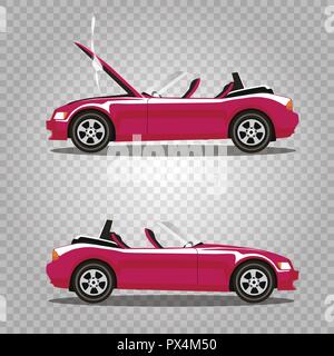 Vektor einrichten von Broken pink Luxus cabrio Sport cartoon Auto mit geöffneter Motorhaube mit Rauch bedeckt. Auto Crash vor und nach. Clip Art Illustration ist Stock Vektor