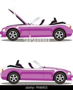 Gebrochene lila Cabrio sport cartoon Auto mit geöffneter Motorhaube mit Rauch bedeckt. Auto Crash vor und nach. Vector Illustration auf weißen backgr isoliert Stock Vektor