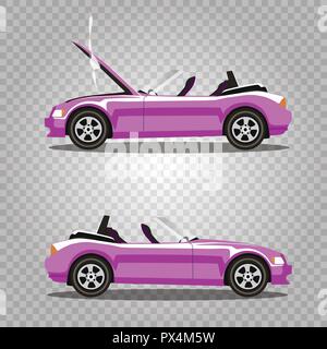 Vektor einrichten der gebrochenen rose Luxus cabrio Sport cartoon Auto mit geöffneter Motorhaube mit Rauch bedeckt. Auto Crash vor und nach. Clip Art Illustration ist Stock Vektor